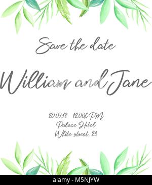 Wedding invite, invitation template with hand drawn watercolor leaves, illustration, wedding. Stock Vector