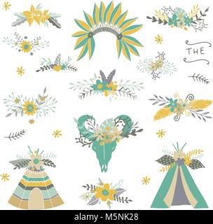 Green floral tribal collection. Teepee, wedding floral, arrow,wreaths, feathers. Wedding Invitation. Hand drawn tribal elements with flowers. Stock Vector
