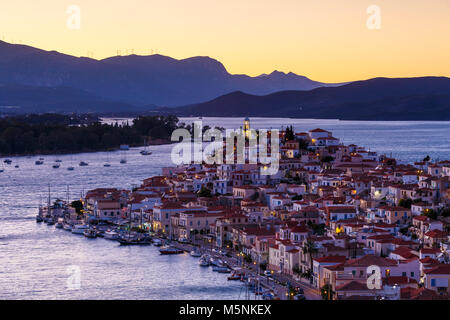 Evening view of Chora village of Poros island, Greece. Stock Photo