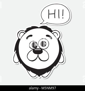Funny hand drawn lion in cartoon style. Cloud overhead with text Hi. Vector illustration of a sketch style. Stock Vector
