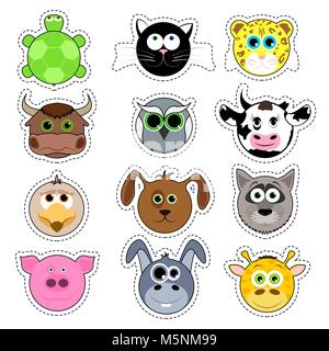 Set of cute cartoon animals. Cute animal face sticker collection. Stock Vector