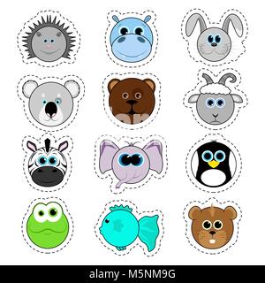 Set of stickers. Set of cute cartoon animals. Hippopotamus, hedgehog, bear, fox, zebra, elephant, penguin, frog, fish, rabbit. Stock Vector