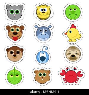 Set of stickers. Set of cute cartoon animals. Lion, crocodile, monkey, chicken, rhino, bird, koala, hamster, lizard, cancer. Stock Vector