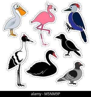 Set of stickers. Different birds isolated on white background. Stock Vector