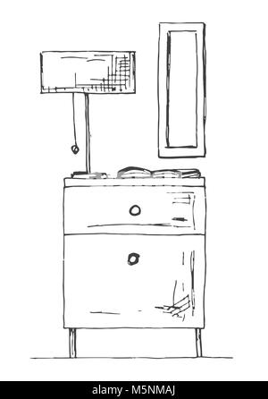 Bedside table or nightstand, doodle style flat vector outline ...
