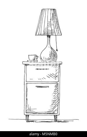 Bedside table or nightstand, doodle style flat vector outline ...