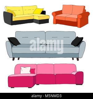 Set sofas isolated on white background.Vector illustration in a sketch style. Stock Vector