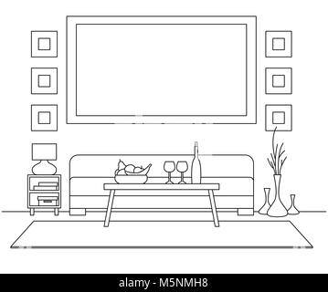 Sofa, table, vase with flowers. Bedside table, desk lamp. Frame on the wall for Fitting Your information. Linear sketch of the interior in a modern st Stock Vector