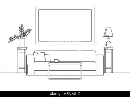 Sofa, table, vase with flowers. Bedside table, desk lamp. Frame on the wall for Fitting Your information. Linear sketch of the interior in a modern st Stock Vector