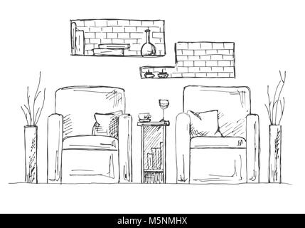 Two armchairs and a high table. Vase with flowers on the table. Hand drawn interior. Vector illustration in sketch style Stock Vector
