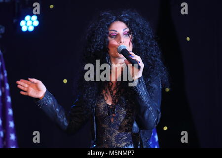 Tania alboni performing her Cher tribute act during The Ultimate Tribute Show at Swillington Miners Welfare Club in Leeds Stock Photo