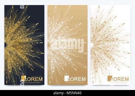 Modern set of vector flyer, web, banner, card, vip, certificate, gift, voucher. Molecule and communication background. Connected line with dots. Golden design in trendy linear style. Stock Vector