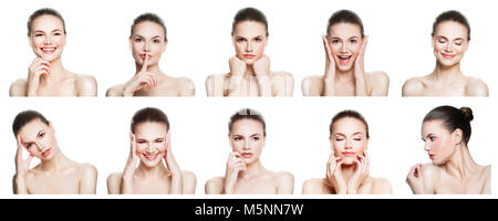 Collage of negative and positive female face expressions. Set of young woman expressing different emotions and gesturing isolated on white backgroung Stock Photo