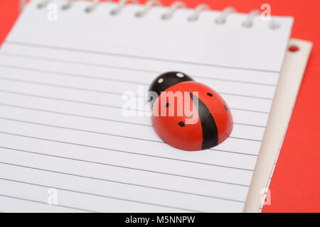 Closeup view of Ladybird on school notebook Stock Photo