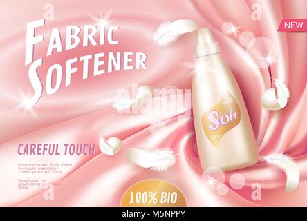 Realistic laundry detergent fabric softener. Tube container ad poster light background silk soft fabric white feather. 3d template mock up branding promote luxury home product vector illustration Stock Vector