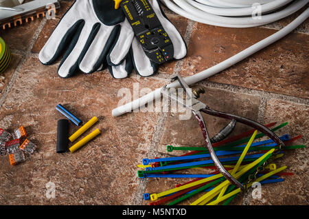 Tools for electricians crimpers and accessories, close-up Stock Photo