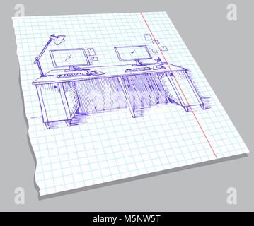 Hand drawn sketch of the interior on a notebook sheet. Sketch the room. Desk, various objects on the table. Sketch workspace. Vector illustration Stock Vector