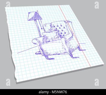 Hand drawn sketch of the interior on a notebook sheet. Soft armchair with a pillow, a lamp on the floor. Vector illustration in sketch style. Stock Vector