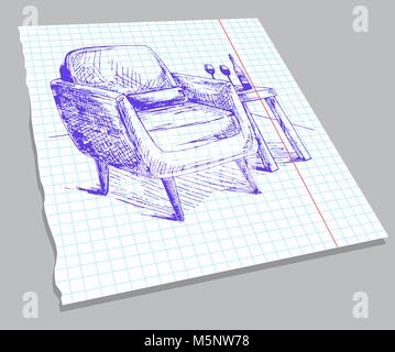 Hand drawn sketch of the interior on a notebook sheet. Soft chair with a pillow, a table with a bottle of wine and glasses. Vector illustration in ske Stock Vector