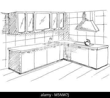 Hand drawn sketch of the interior. Quick drawing of kitchen furniture. Vector illustration in sketch style. Stock Vector