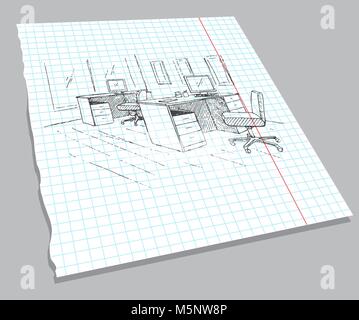 Hand drawn sketch of the interior on a notebook sheet. Quick drawing of office furniture. Vector illustration in sketch style. Stock Vector