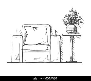 Armchairs and a high table. Vase with flowers on the table. Hand drawn interior. Vector illustration in sketch style Stock Vector
