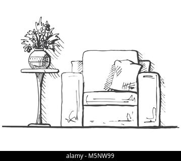 Armchairs and a high table. Vase with flowers on the table. Hand drawn interior. Vector illustration in sketch style Stock Vector