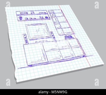 Hand drawn sketch of the interior on a notebook sheet. Linear sketch of the interior. Bookcase, dresser with TV and shelves. Vector illustration Stock Vector