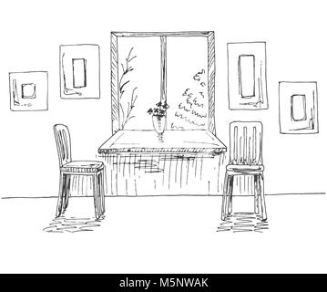 Hand drawn window with a wide window sill. Next to the two chairs, on the wall of the frame. Vector illustration of a sketch style. Stock Vector