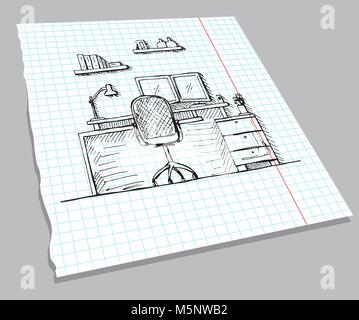 Hand drawn sketch of the interior on a notebook sheet.Office chair, desk, various objects on the table. Sketch workspace.  Vector illustration Stock Vector