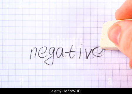 Eraser in hand erasing on the sheet in the cage word: negative Stock Photo