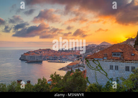 Historic town of Dubrovnik, one of the most famous tourist destinations in the Mediterranean Sea, in beautiful golden evening light at sunset, Croatia Stock Photo