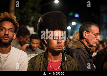 Tel Aviv, Israel. 24th Feb, 2018. Asylum seekers take part in a protest against deportation in Tel Aviv, Israel, 24 February 2018. Israel considers the vast majority of the nearly 40,000 migrants to be job seekers and says that it has no legal obligation to keep them. Credit: Ilia Yefimovich/dpa/Alamy Live News Stock Photo