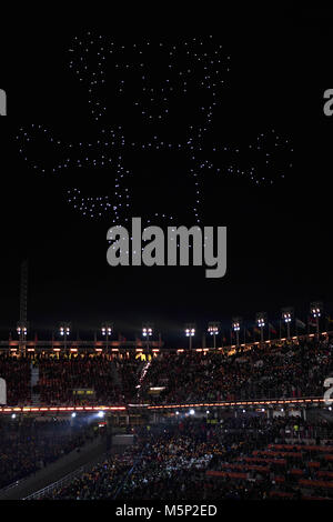 Pyeongchang, South Korea. 25th Feb, 2018. Photo shows the mascot figure formed by drones during closing ceremony for the 2018 PyeongChang Winter Olympic Games at PyeongChang Olympic Stadium, PyeongChang, South Korea, Feb. 25, 2018. Credit: Wang Song/Xinhua/Alamy Live News Stock Photo