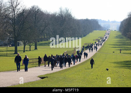 Windsor, Berkshire, England. 25th February 2018. People out for a walk along the Long Walk from Windsor Castle to Snow Hill, on a sunny but cold day in Berkshire. Credit: Julia Gavin/Alamy Live News Stock Photo