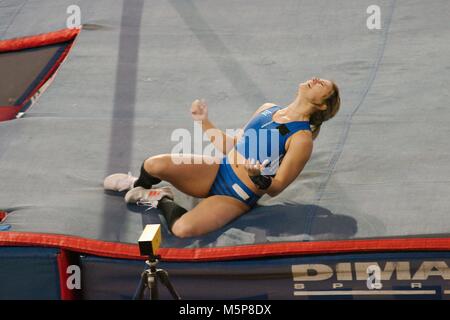 Glasgow, Scotland, 25 February 2018. Morgan Leleux of the USA celebrating after a clear jump in the pole vault at the Muller Indoor Grand Prix in Glasgow. Credit: Colin Edwards/Alamy Live News. Stock Photo