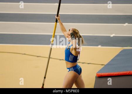 Glasgow, Scotland, 25 February 2018. Morgan Leleux of the USA celebrating after a clear jump in the pole vault at the Muller Indoor Grand Prix in Glasgow. Credit: Colin Edwards/Alamy Live News. Stock Photo