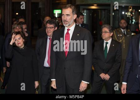 BARCELONA, SPAIN - FEBRUARY 25: The King Felipe VI of Spain and Soraya Saenz de Santamaria Vice President of Spain attending at the Mobile World Congress Official Dinner Inauguration at Palau de la Musica de Barcelona on February 25, 2018 in Barcelona, Spain.   Cordon Press Stock Photo