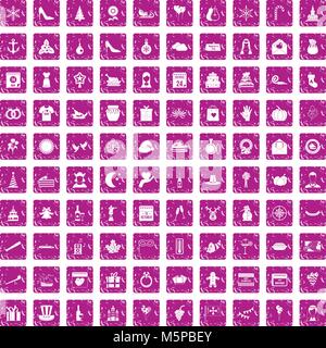 100 festive day icons set grunge pink Stock Vector