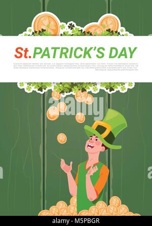 Saint Patricks Day Banner With Man In Leprechaun Hat Over Golden Coins Background Stock Vector