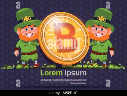 St. Patricks Day Background Template With Two Leprechaun Holding Bitcoin Coin Stock Vector