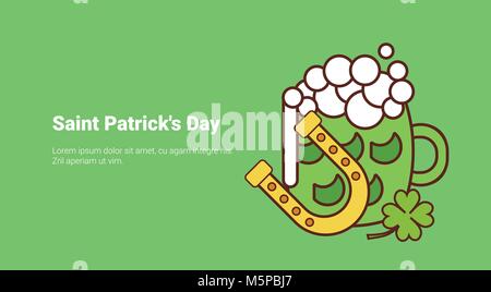 Green Mug Of Beer And Horse Shoe On Saint Patricks Day Template Background With Copy Space Stock Vector