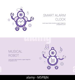 Smart Alarm Clock And Musical Robot Concept Template Web Banner With Copy Space Stock Vector