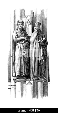 Germany, noble couple in medieval costumes, sculpture in Naumburg cathedral, vintage engraving Stock Photo