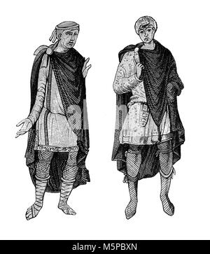 German costumes from V to VIII century: short tunic, mantel, breies hung to the knees or mid-calf and leather shoes or boots Stock Photo