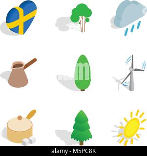 Scandinavian country icons set, isometric style Stock Vector