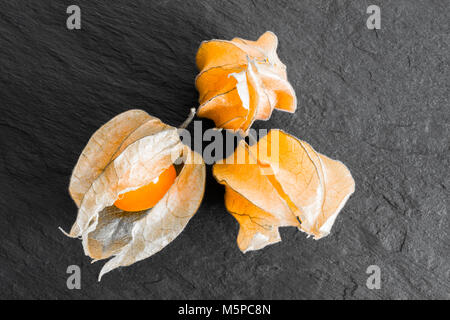 Three Cape Gooseberries with shells on black rock surface background with the free space Stock Photo