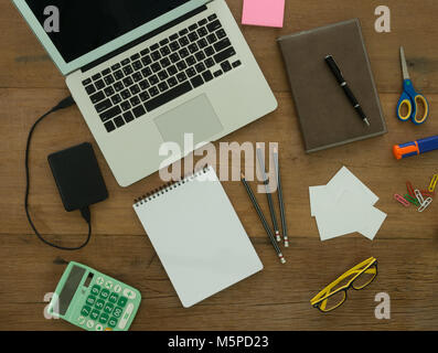 desk of web designer at home. view from top. Stock Photo