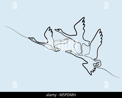 Continuous one line drawing. Flying Swans logo Stock Vector