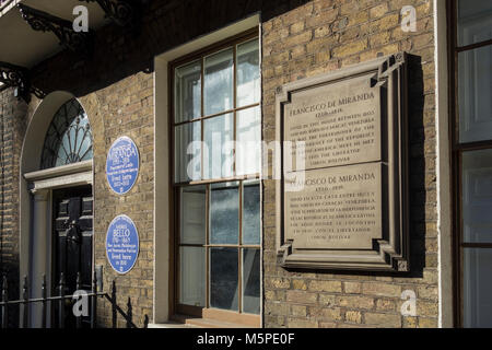 Francisco De Miranda and Andres Bello blue plaques outside Francisco de Miranda House on Grafton Way, London, NW1, UK Stock Photo